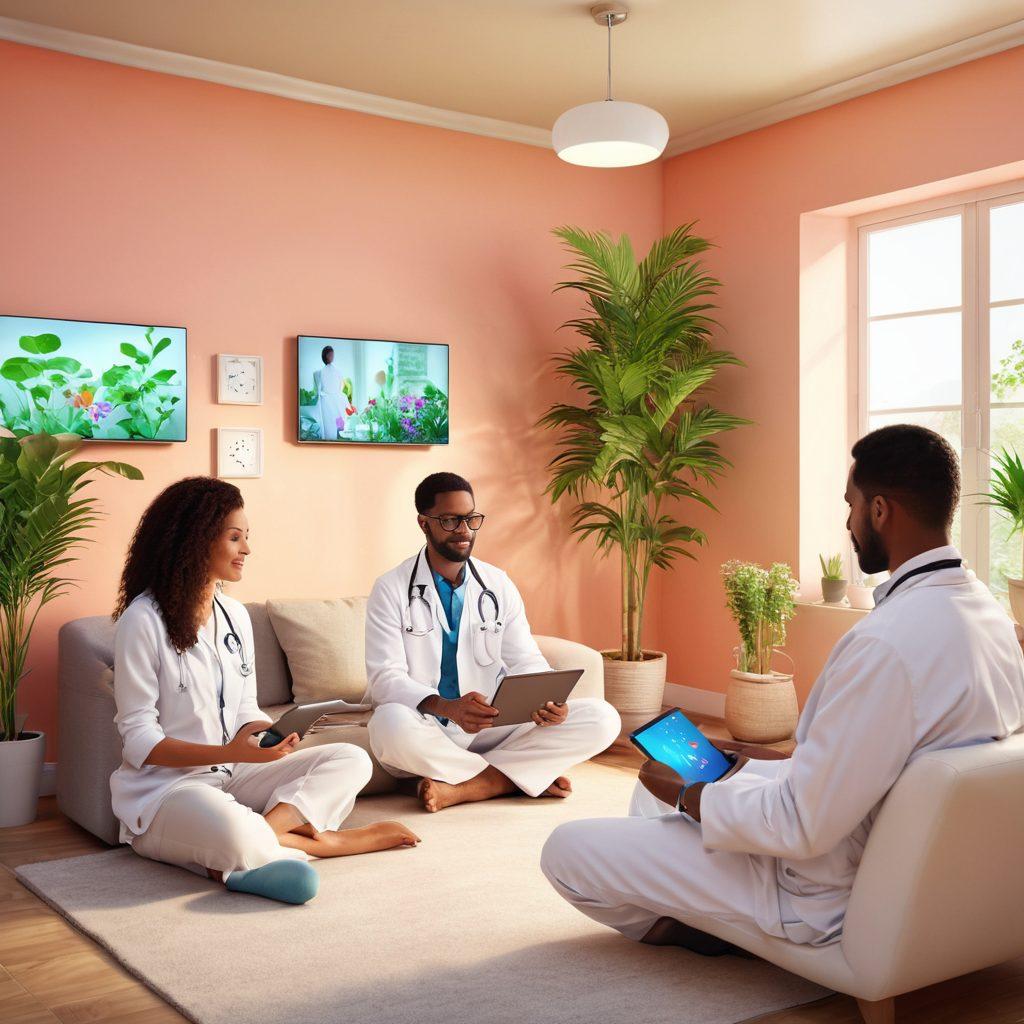 A serene and uplifting digital scene depicting a diverse group of individuals engaging in virtual health consultations through vibrant eHealth solutions. Show a comforting home environment with modern technology like tablets and laptops, highlighting a doctor on screen and patients expressing positivity. Incorporate calming colors and elements like plants and soft lighting to promote a sense of wellness. super-realistic. vibrant colors. 3D.