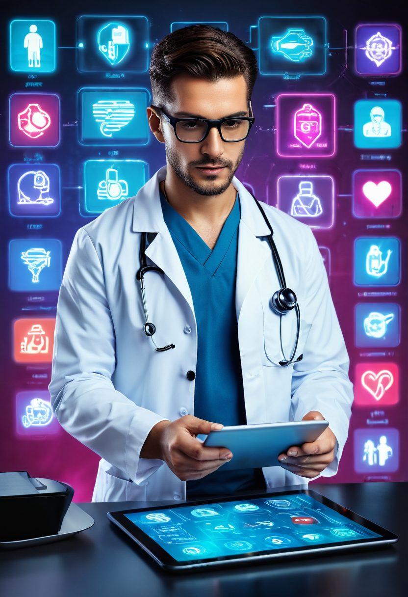 A futuristic doctor using a tablet to conduct a virtual consultation, surrounded by digital health icons like telemedicine, wearable devices, and medical charts. The background features a blend of modern technology and home settings, showcasing the convenience of remote healthcare. Vibrant colors and a dynamic composition convey innovation and accessibility. super-realistic. vibrant colors. cyberpunk.
