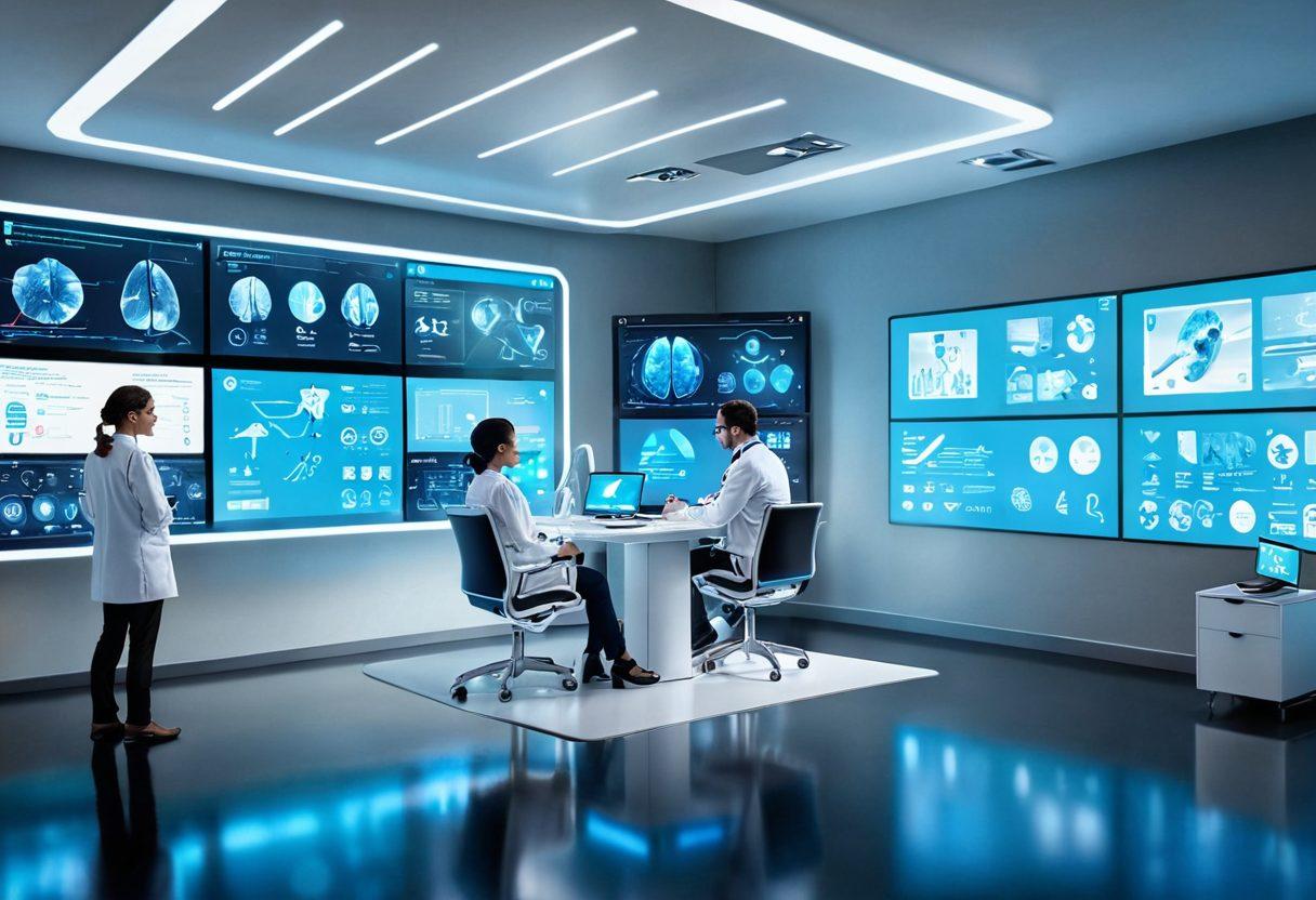 A futuristic virtual healthcare setting, showcasing diverse healthcare professionals interacting with patients through holographic screens. Elements like remote monitoring devices, digital charts, and a modern consultation room filled with advanced technology. The atmosphere is bright and optimistic, reflecting innovation and accessibility in healthcare. super-realistic. vibrant colors. high-tech elements.